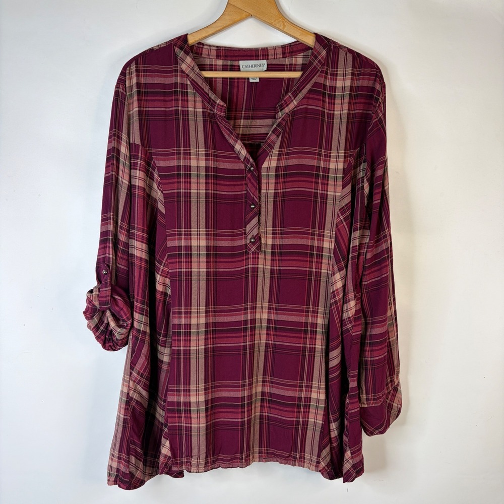 Catherines Tunic Women 2X Burgundy Plaid Roll Tab Sleeve Rayon Split Neck Top